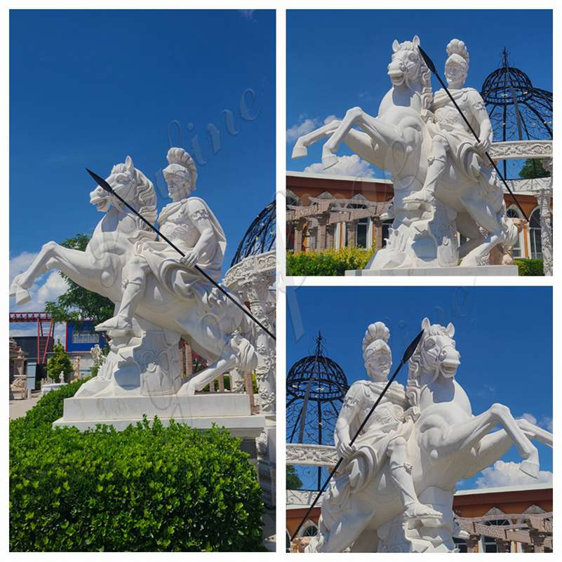 Hand Carved Large White Marble Warrior with Horse Statue